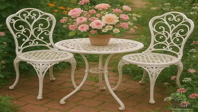 ست دو نفره صندلی باغی در نیاوران جنس آلومینیومی در باغی زیبا با گل_های رز صورتی و یک گلدان بزرگ رز روی میز