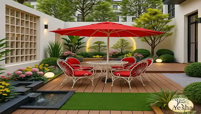ست میز و صندلی برای باغ نیاوران با تشک قرمز و سایبان چتری قرمز بسیار شیک در حیاط دنج گل_کاری در اطراف حیاط و چمن وسط حیاط