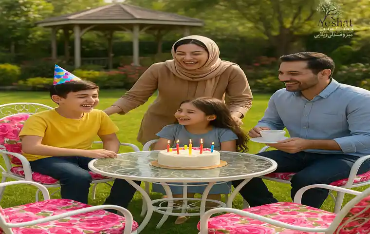 خانواده ای در حال جشن تولد برای پسر نوجوان با پدر و مادر و دختر کوچک روی میز و صندلی ویلایی با تشک گل صورتی در باغ و آلاچیق خانوادگی